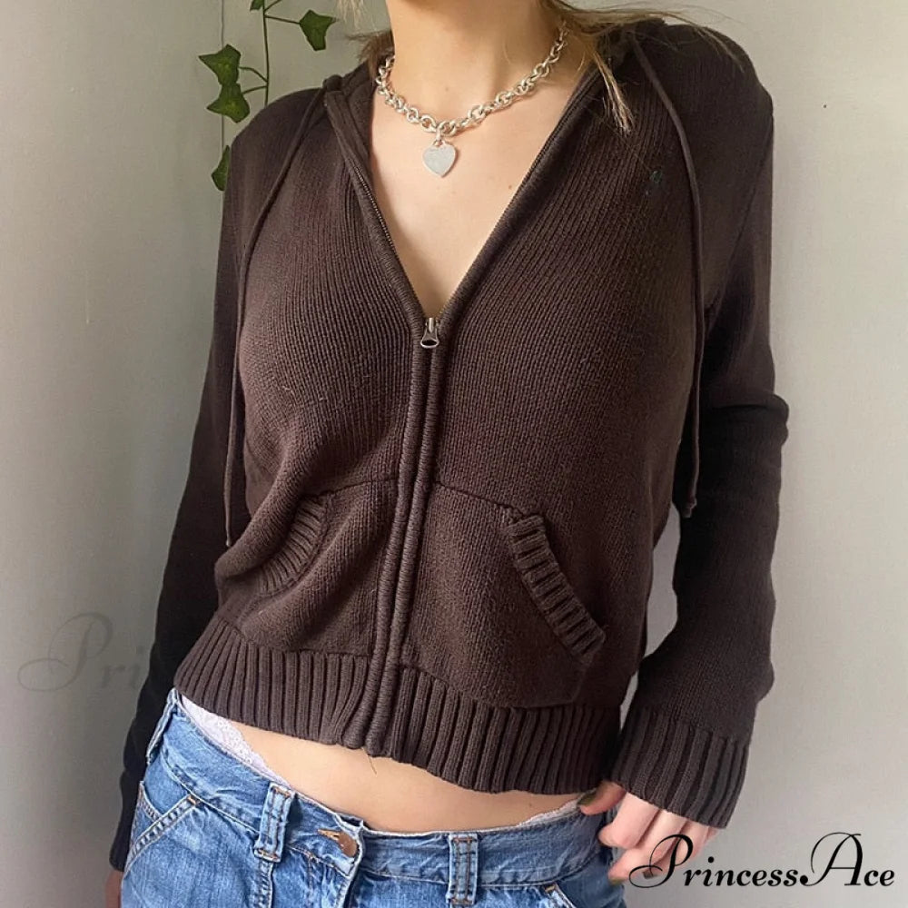 Sweatshirts Hoodies Zip-up Women閳ユ獨 Long Cardigan Solid Knit Y2K Color Drawstring Casual Sweaters Arm Clothing Auburn