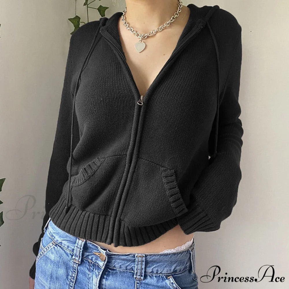 Sweatshirts Hoodies Zip-up Women閳ユ獨 Long Cardigan Solid Knit Y2K Color Drawstring Casual Sweaters Arm Clothing Black / S