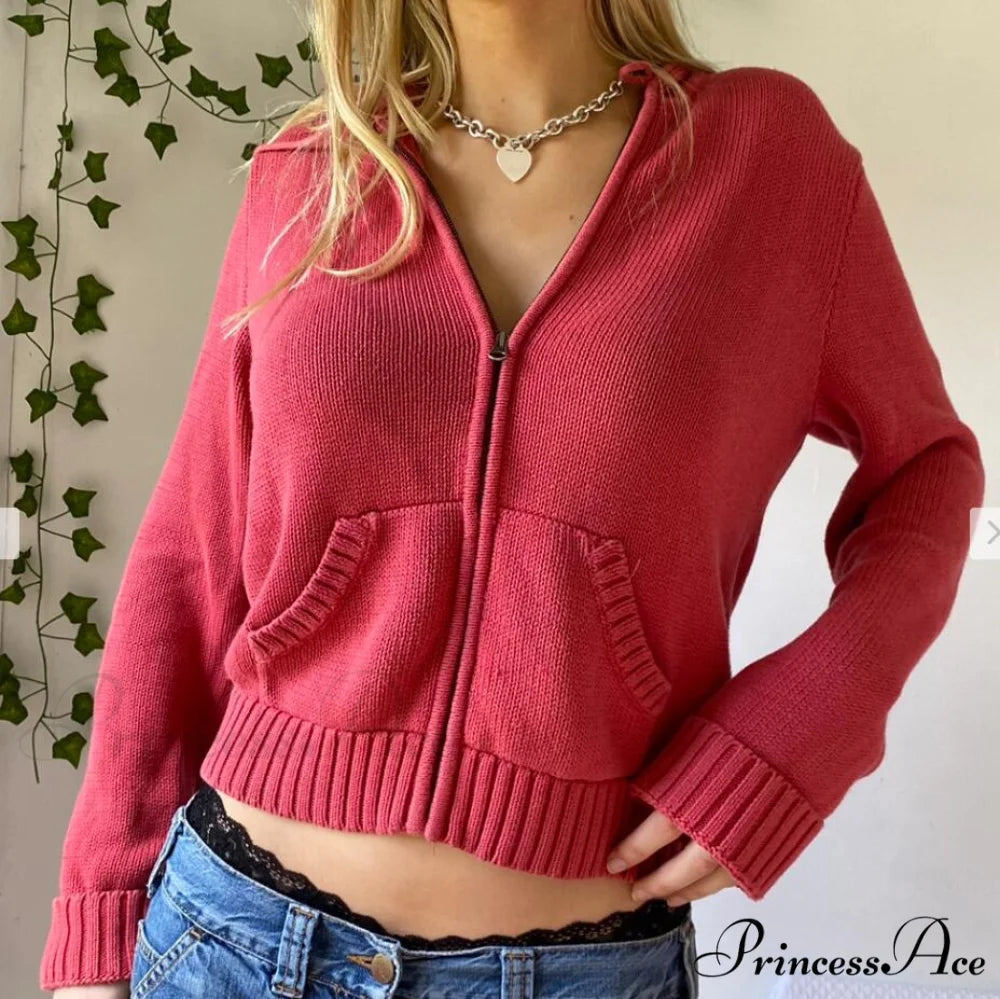Sweatshirts Hoodies Zip-up Women閳ユ獨 Long Cardigan Solid Knit Y2K Color Drawstring Casual Sweaters Arm Clothing Red / S