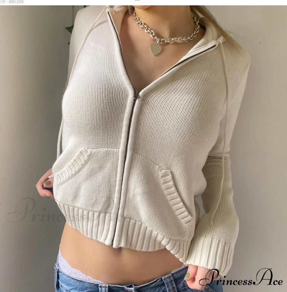 Sweatshirts Hoodies Zip-up Women閳ユ獨 Long Cardigan Solid Knit Y2K Color Drawstring Casual Sweaters Arm Clothing White / S