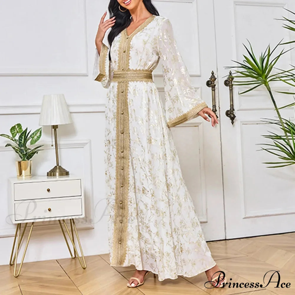 Sweet Black Ruched Chiffon Trumpet-Sleeve Long Princess Vintage Party Dress Gold / S