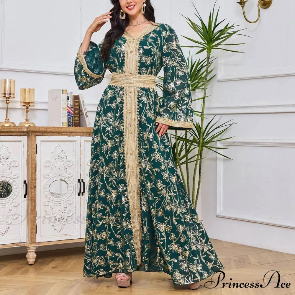 Sweet Black Ruched Chiffon Trumpet-Sleeve Long Princess Vintage Party Dress Green / S