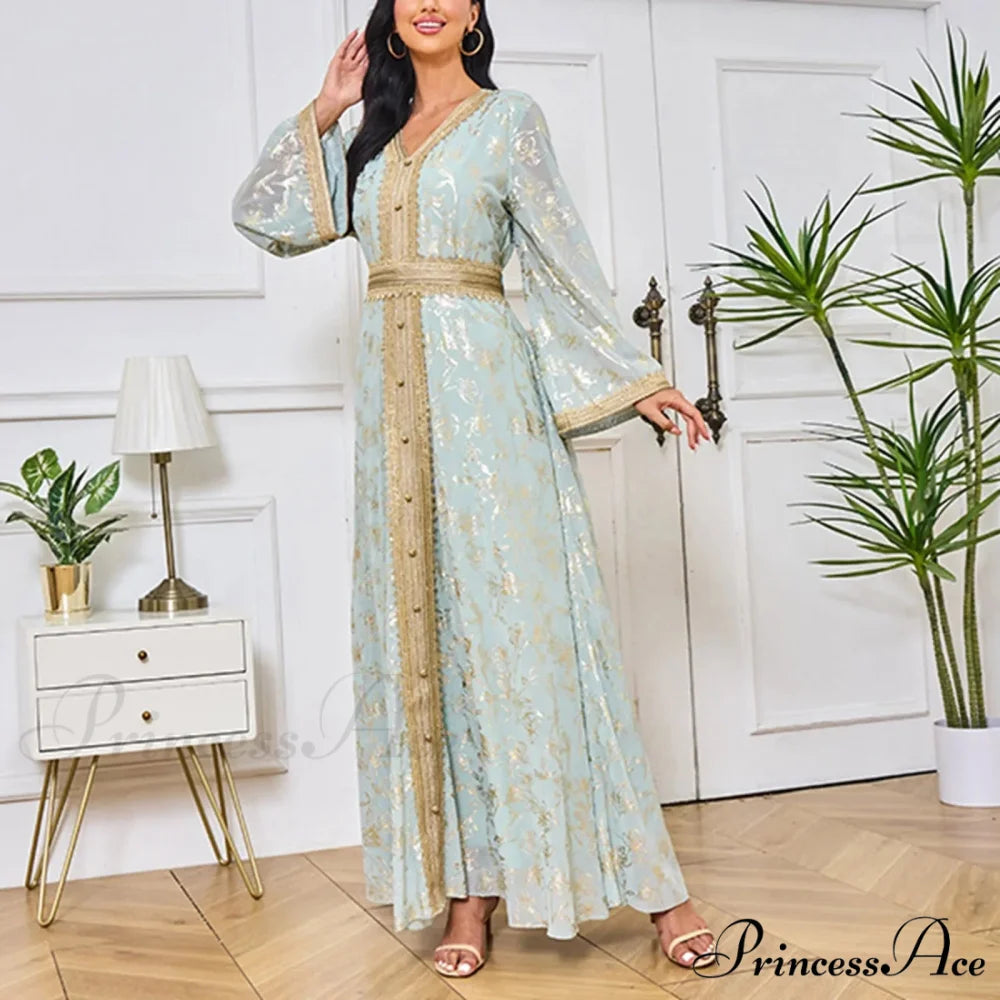 Sweet Black Ruched Chiffon Trumpet-Sleeve Long Princess Vintage Party Dress Mint Green / S