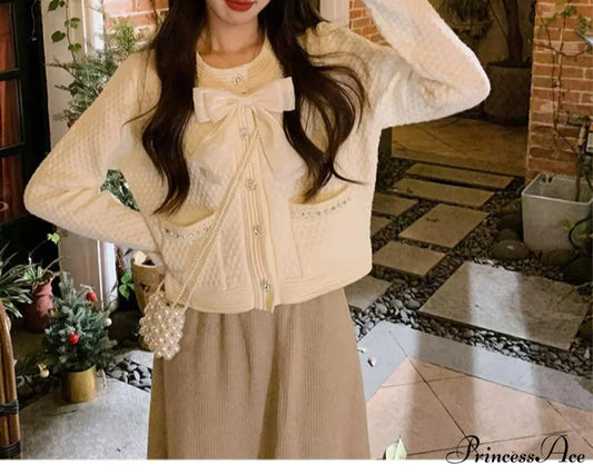 Sweet Bow Beaded Red Cropped Cardigan Creamy-white / One Size