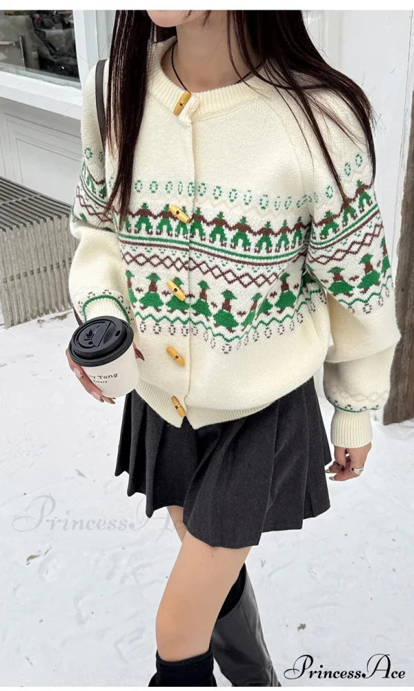 Sweet Christmas Horn Button Cardigan white cardigan / One Size