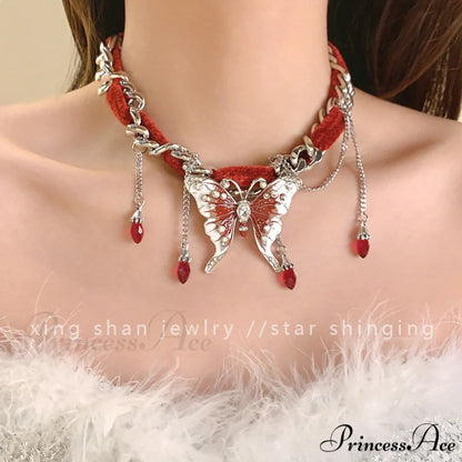Sweet Cool Red Velvet Butterfly Tassel Gothic Exaggerated Personality Necklace RED