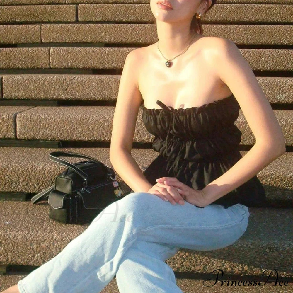 Sweet Gathered Tie Up Off Shoulder Sleeveless Fitted Y2K Strapless Crop Top Black / S croptop-250126