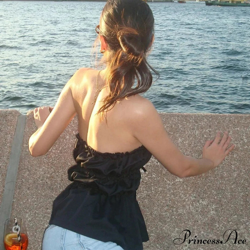 Sweet Gathered Tie Up Off Shoulder Sleeveless Fitted Y2K Strapless Crop Top croptop-250126