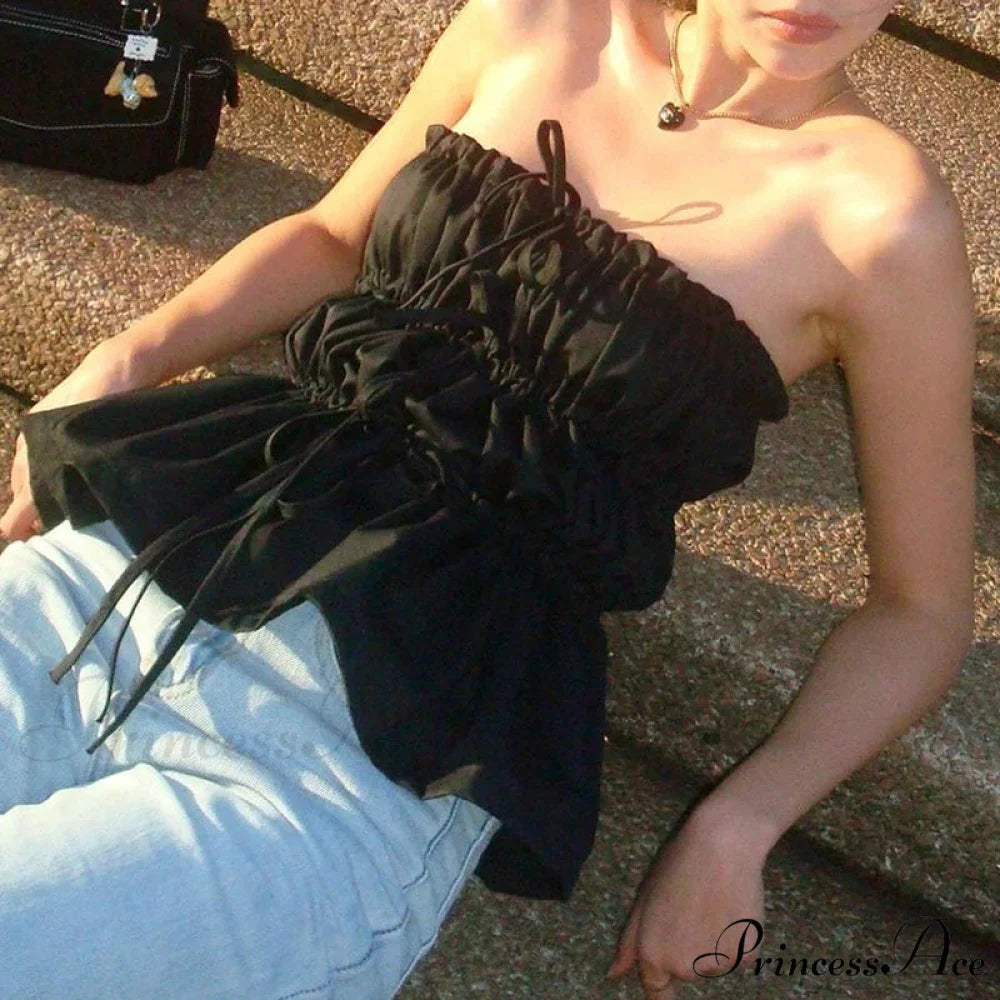 Sweet Gathered Tie Up Off Shoulder Sleeveless Fitted Y2K Strapless Crop Top croptop-250126