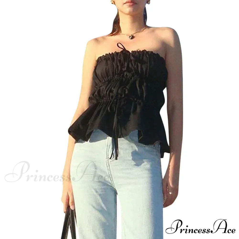 Sweet Gathered Tie Up Off Shoulder Sleeveless Fitted Y2K Strapless Crop Top croptop-250126