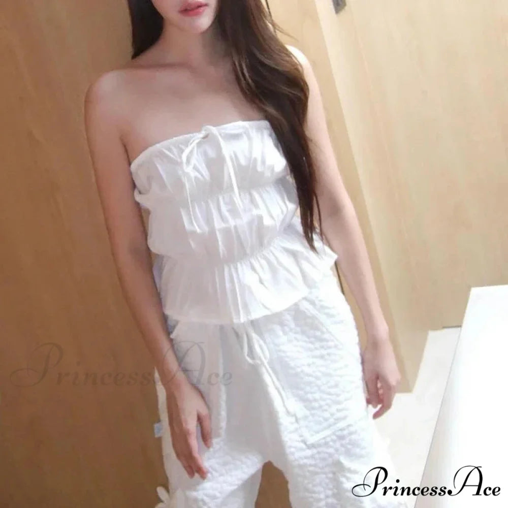 Sweet Gathered Tie Up Off Shoulder Sleeveless Fitted Y2K Strapless Crop Top croptop-250126