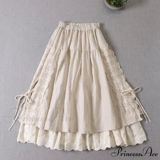 Sweet Japan Style Mori Lace Stitched Linen Skirt linen color / One Size