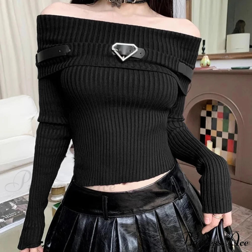 Sweet Off Shoulder Ribbed Crop Long Sleeve Slim Fit Knit Top Modified Title: Charming Off Shoulder Ribbed Crop Long