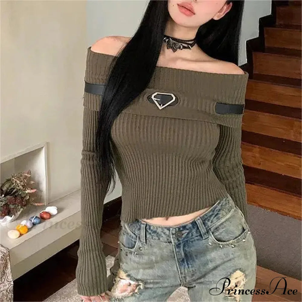 Sweet Off Shoulder Ribbed Crop Long Sleeve Slim Fit Knit Top Modified Title: Charming Off Shoulder Ribbed Crop Long