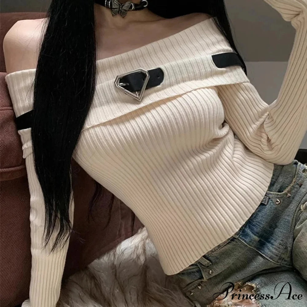 Sweet Off Shoulder Ribbed Crop Long Sleeve Slim Fit Knit Top Modified Title: Charming Off Shoulder Ribbed Crop Long