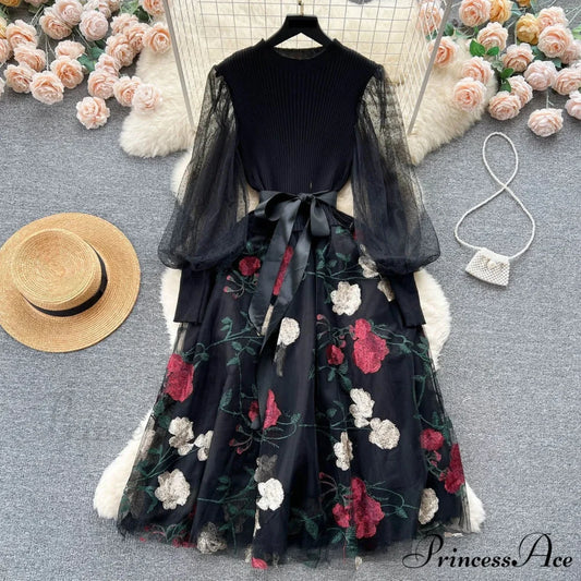 Sweet Patchwork Long Lantern Sleeves Bow Mesh Embroidery Floral High Waist A-Line Elegant Party Dress Black / One Size