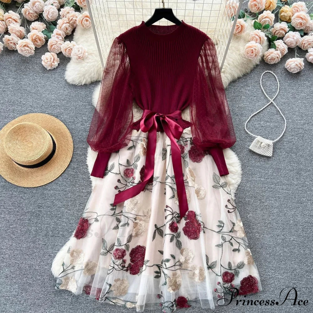 Sweet Patchwork Long Lantern Sleeves Bow Mesh Embroidery Floral High Waist A-Line Elegant Party Dress Hot Pink / One