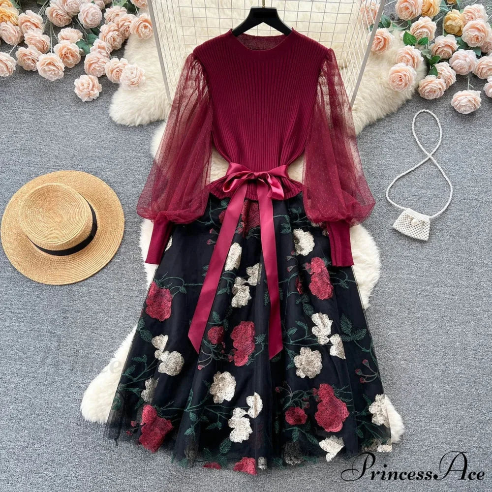 Sweet Patchwork Long Lantern Sleeves Bow Mesh Embroidery Floral High Waist A-Line Elegant Party Dress Watermelon Red