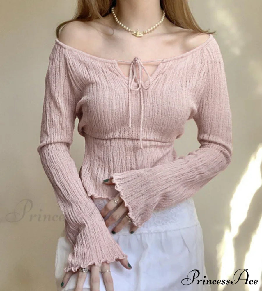 sweet the lace-up Off shoulder V-neck fungus-trimmed long-sleeved Top Pink / S