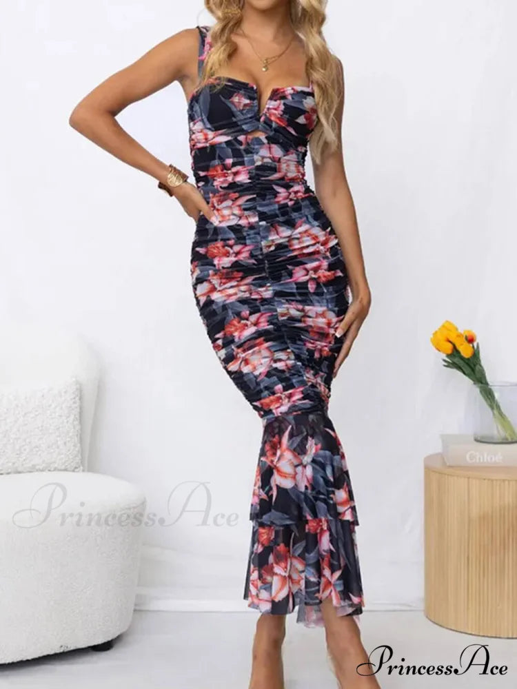 Sweetheart Neck Strap Printed Graceful Pleated Mesh Maxi Dress Black / S