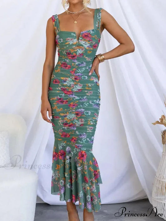 Sweetheart Neck Strap Printed Graceful Pleated Mesh Maxi Dress Green / S