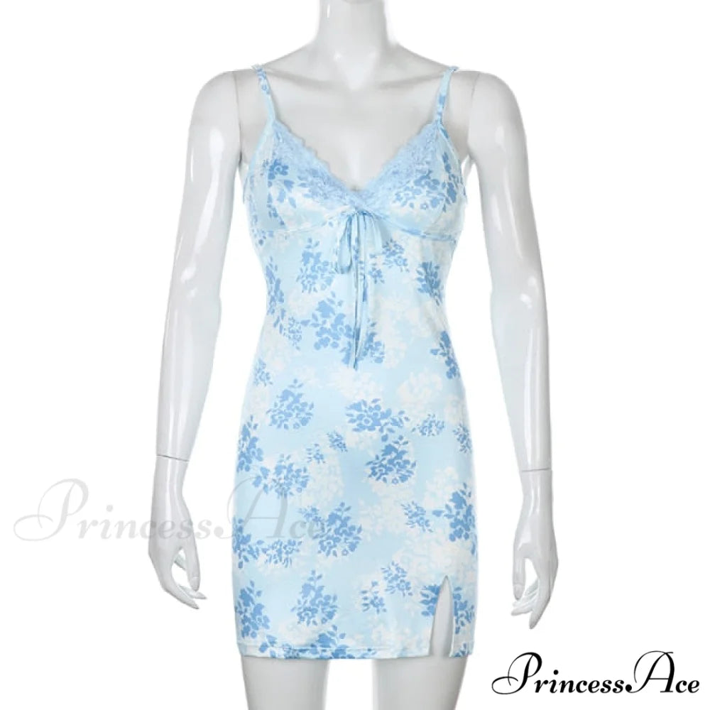 Sweetown Patchwork Lace Edge Cute Dress blue / S