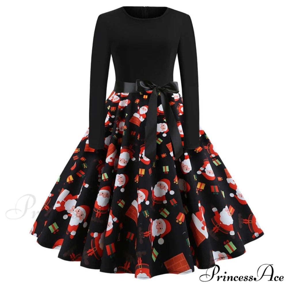 Swing 50S Gown Black Vintage 60S Plus Pinup Winter Arm Women Christmas Party Long Size Print