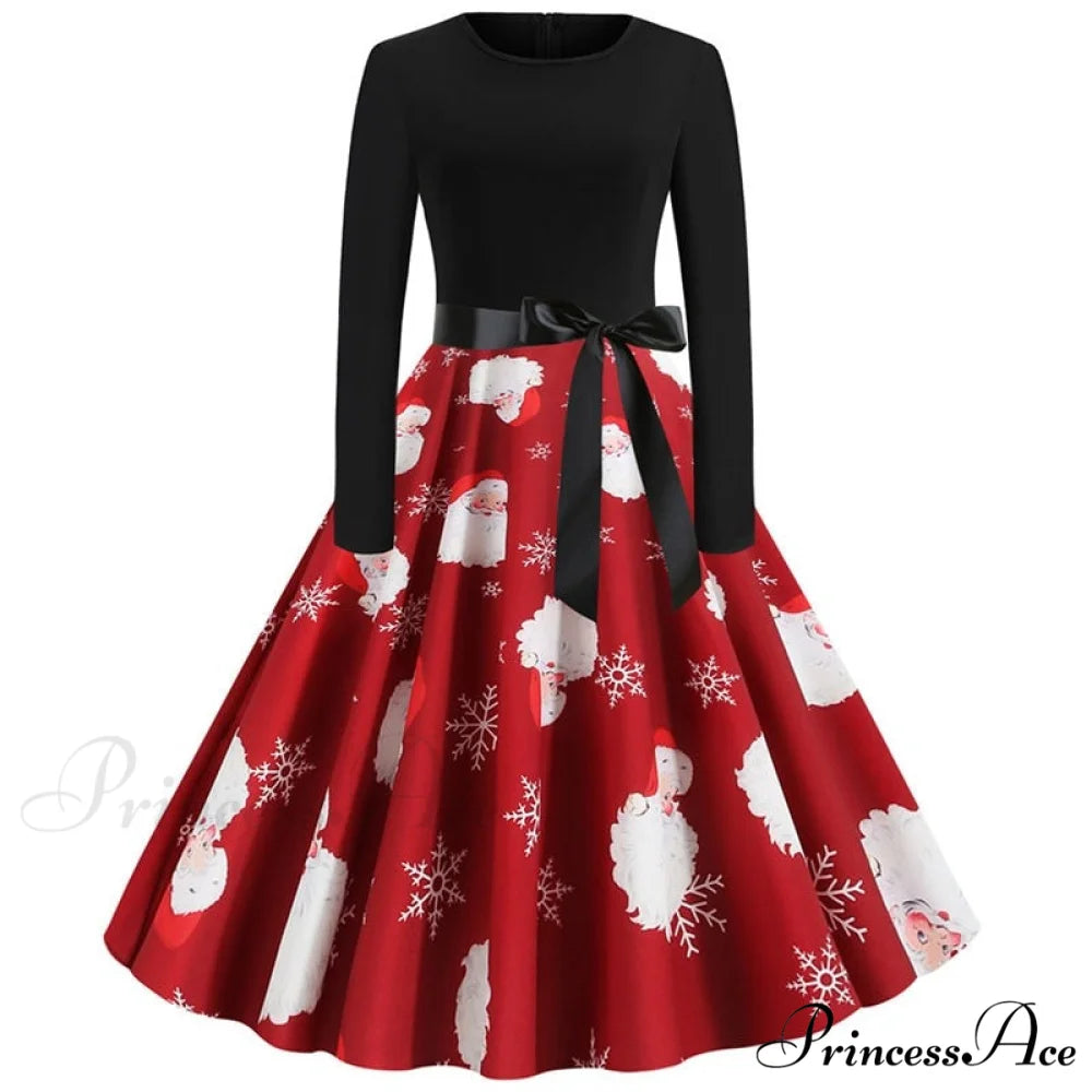 Swing 50S Gown Black Vintage 60S Plus Pinup Winter Arm Women Christmas Party Long Size Print 1368-006 / S