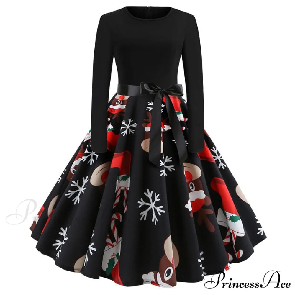 Swing 50S Gown Black Vintage 60S Plus Pinup Winter Arm Women Christmas Party Long Size Print