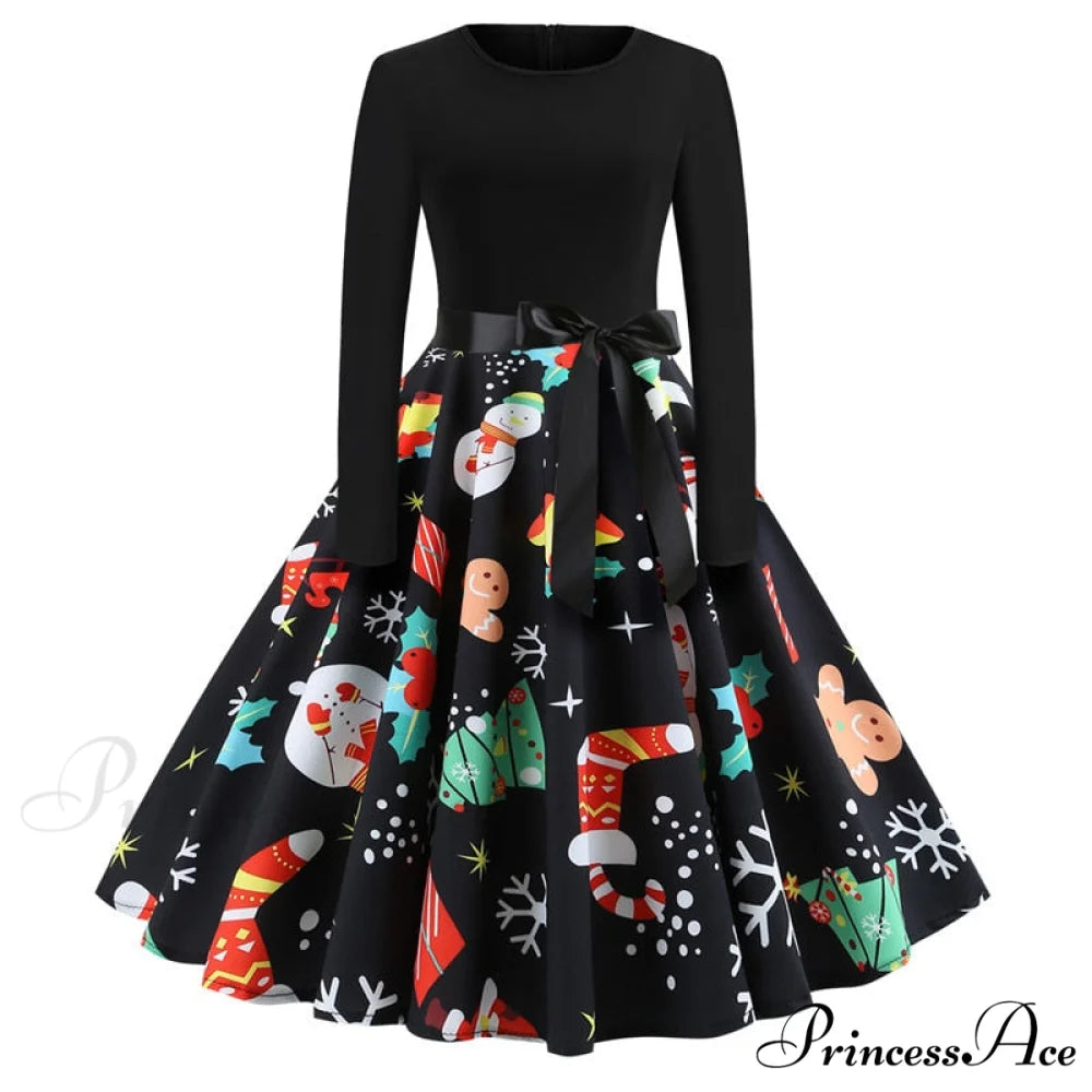 Swing 50S Gown Black Vintage 60S Plus Pinup Winter Arm Women Christmas Party Long Size Print