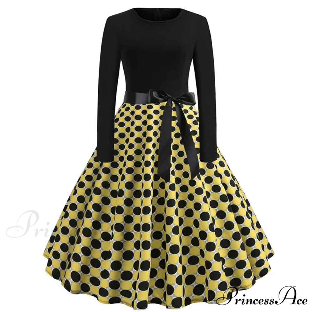 Swing 50S Gown Black Vintage 60S Plus Pinup Winter Arm Women Christmas Party Long Size Print A003 / S