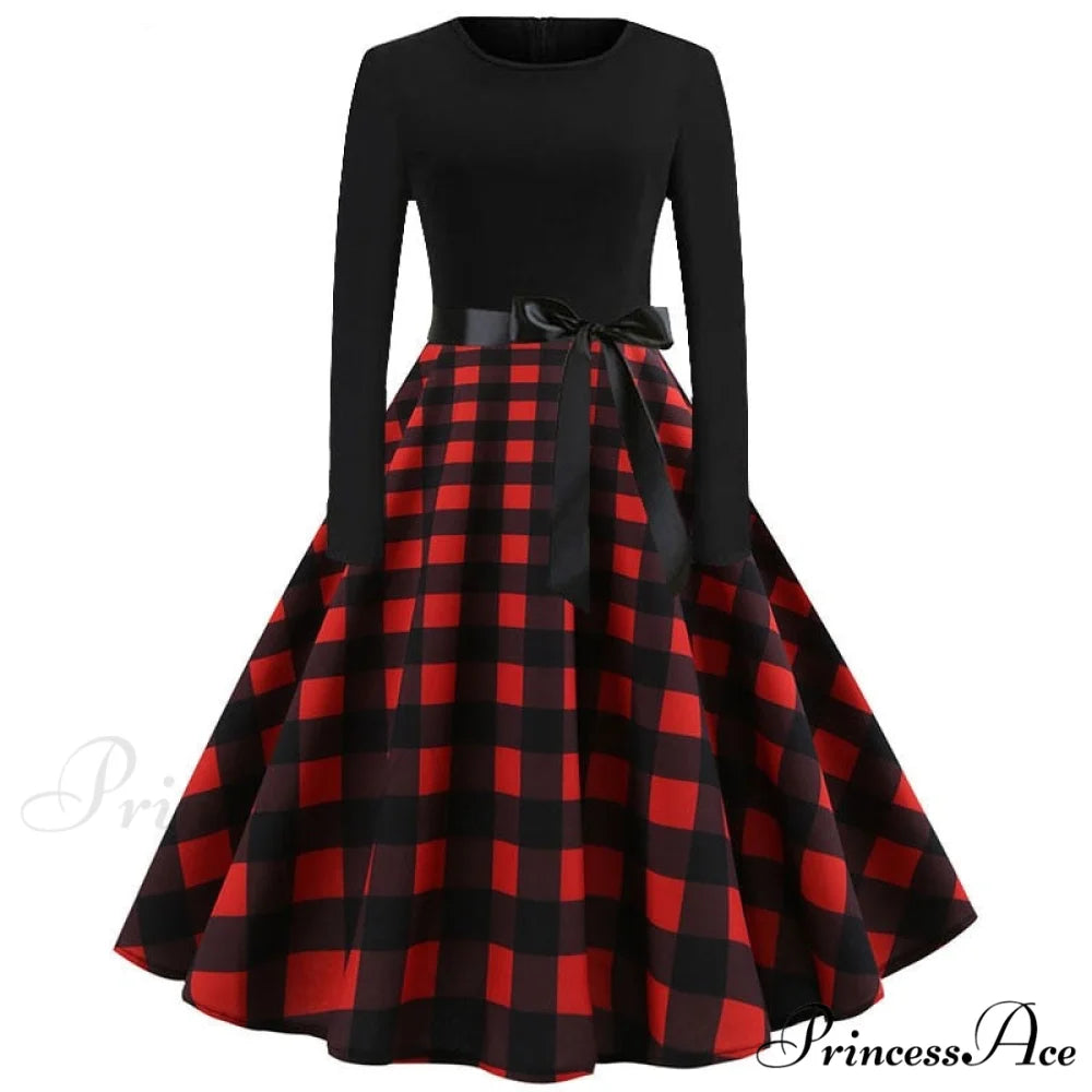 Swing 50S Gown Black Vintage 60S Plus Pinup Winter Arm Women Christmas Party Long Size Print A008 / S