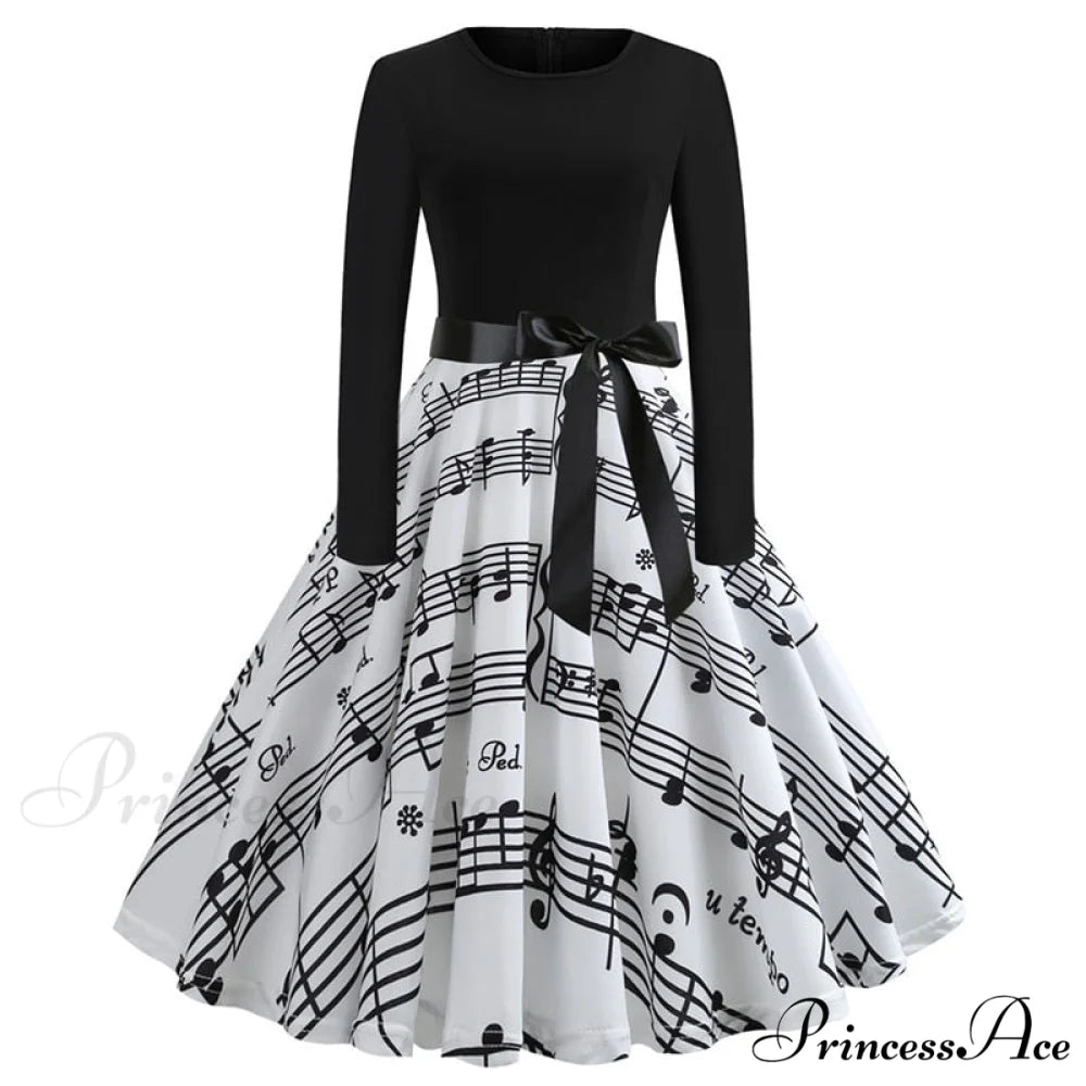 Swing 50S Gown Black Vintage 60S Plus Pinup Winter Arm Women Christmas Party Long Size Print E001 / S