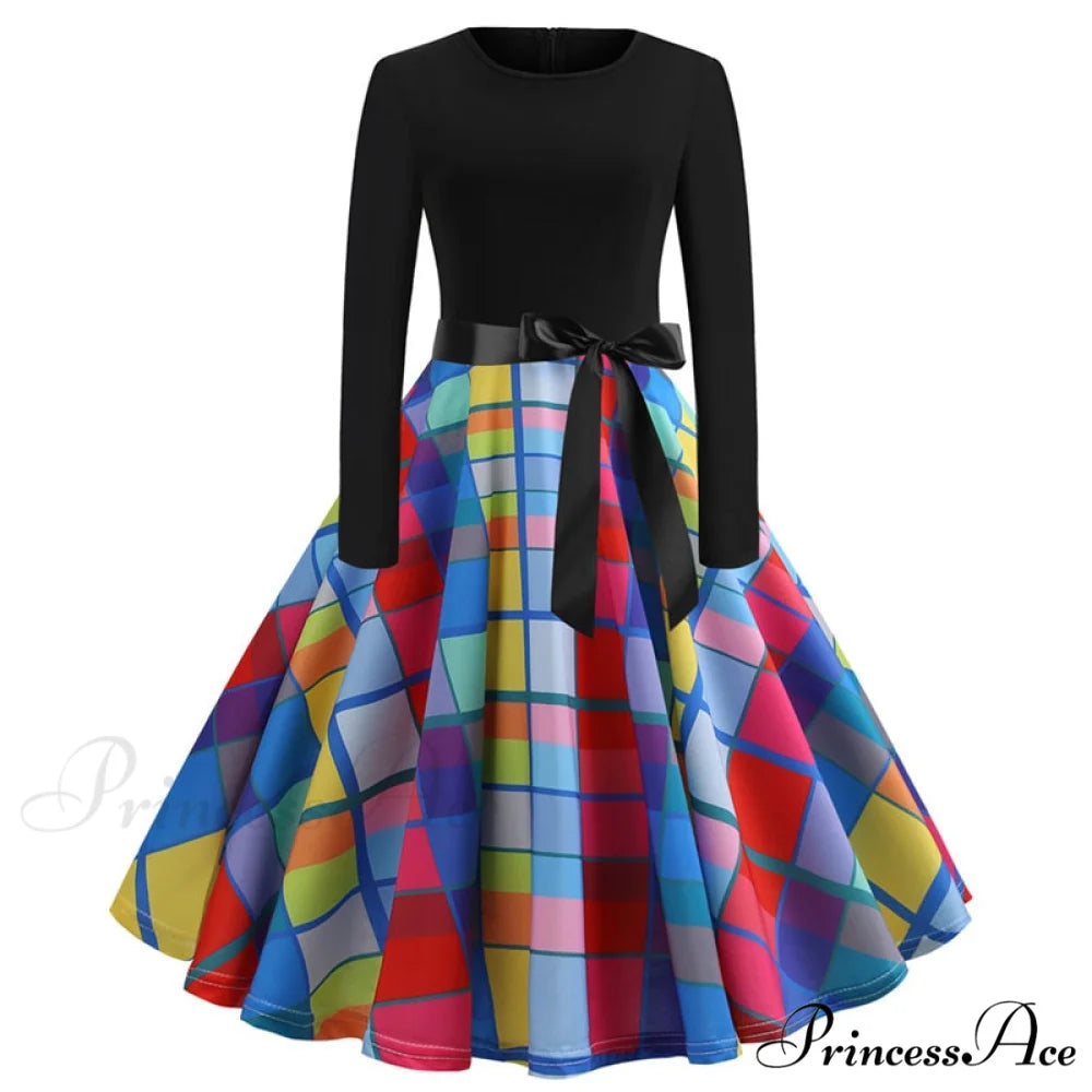 Swing 50S Gown Black Vintage 60S Plus Pinup Winter Arm Women Christmas Party Long Size Print E002 / S