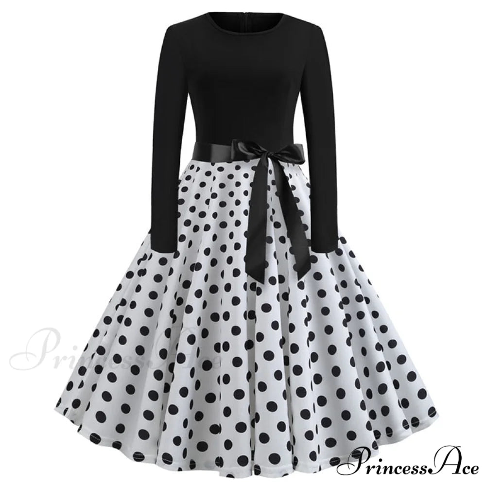 Swing 50S Gown Black Vintage 60S Plus Pinup Winter Arm Women Christmas Party Long Size Print E004 / S