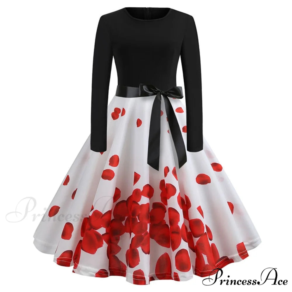 Swing 50S Gown Black Vintage 60S Plus Pinup Winter Arm Women Christmas Party Long Size Print E005 / S