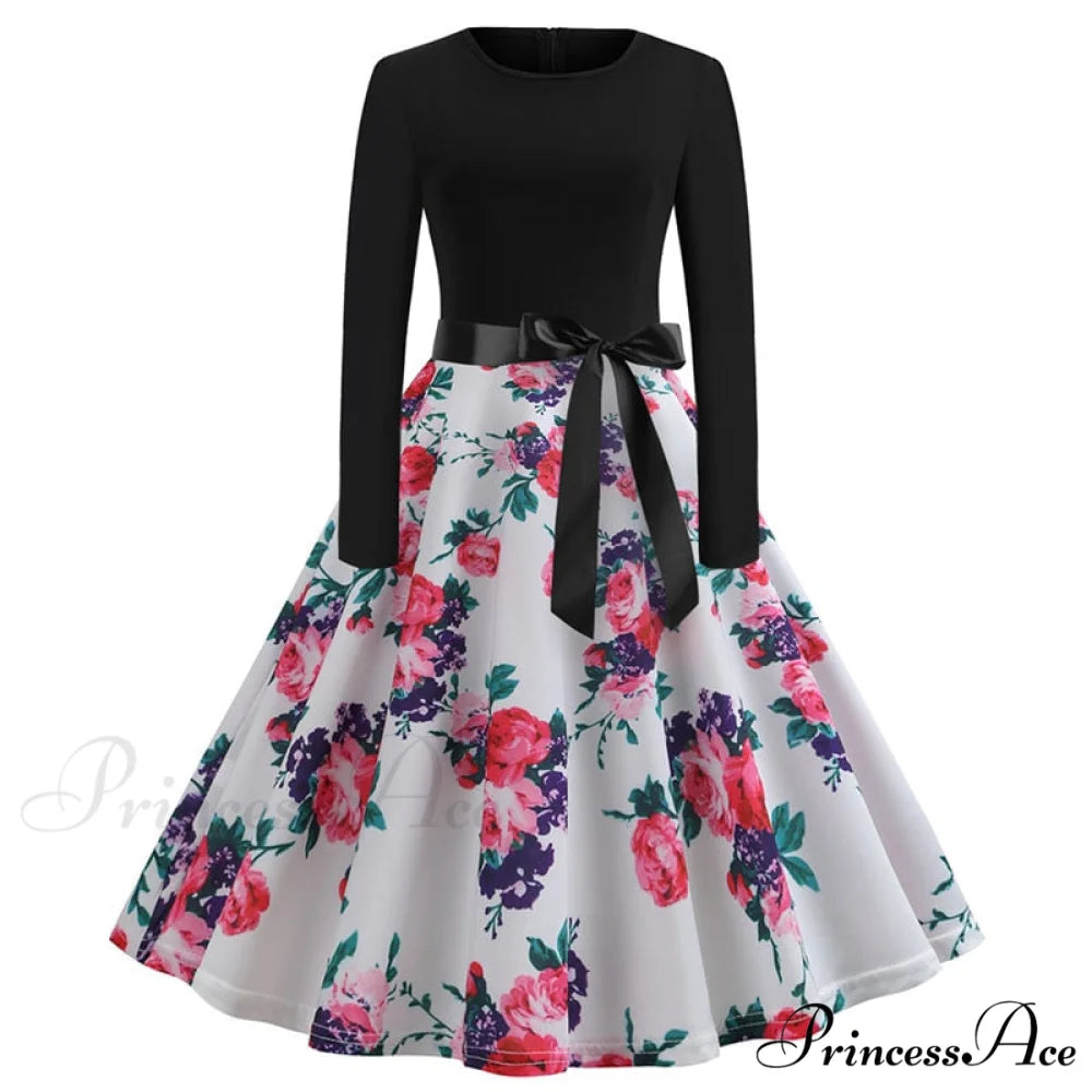 Swing 50S Gown Black Vintage 60S Plus Pinup Winter Arm Women Christmas Party Long Size Print E006 / S