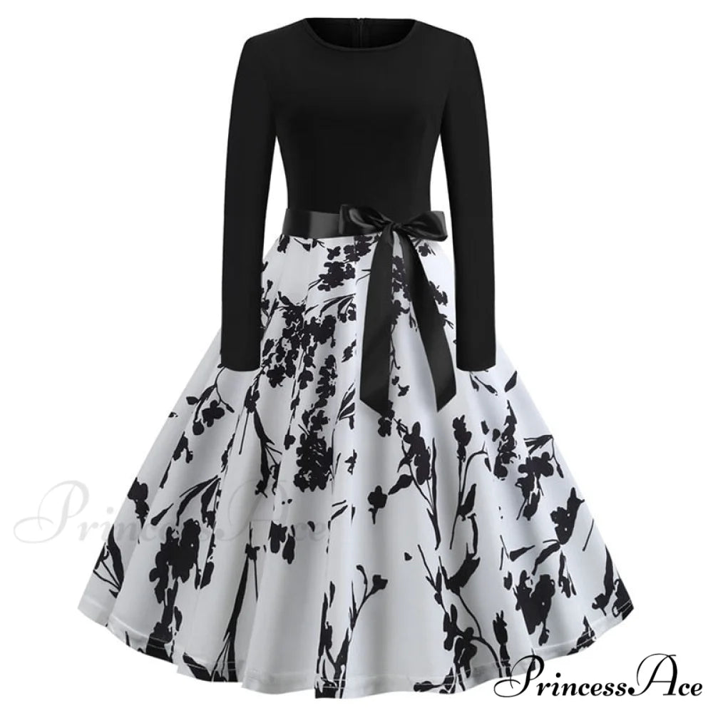 Swing 50S Gown Black Vintage 60S Plus Pinup Winter Arm Women Christmas Party Long Size Print E007 / S