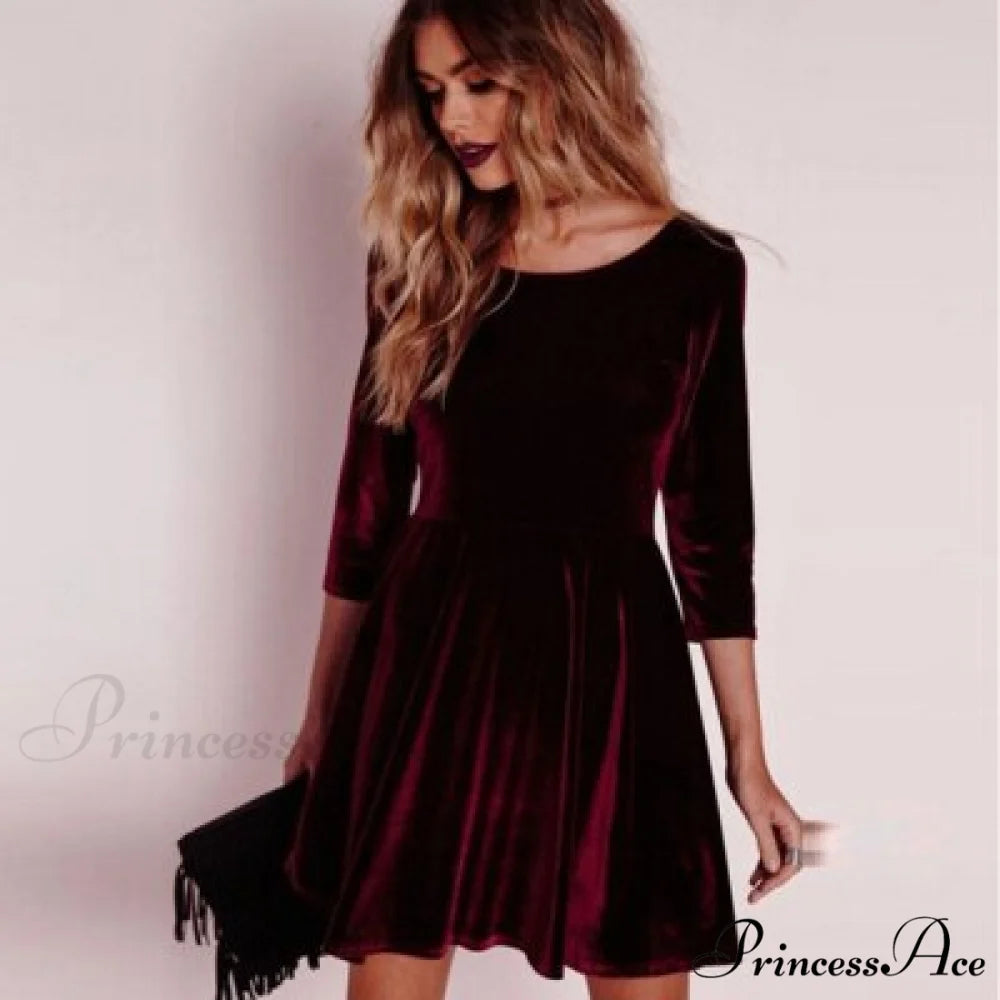 Swing Hem Velvet Dress wine red / S