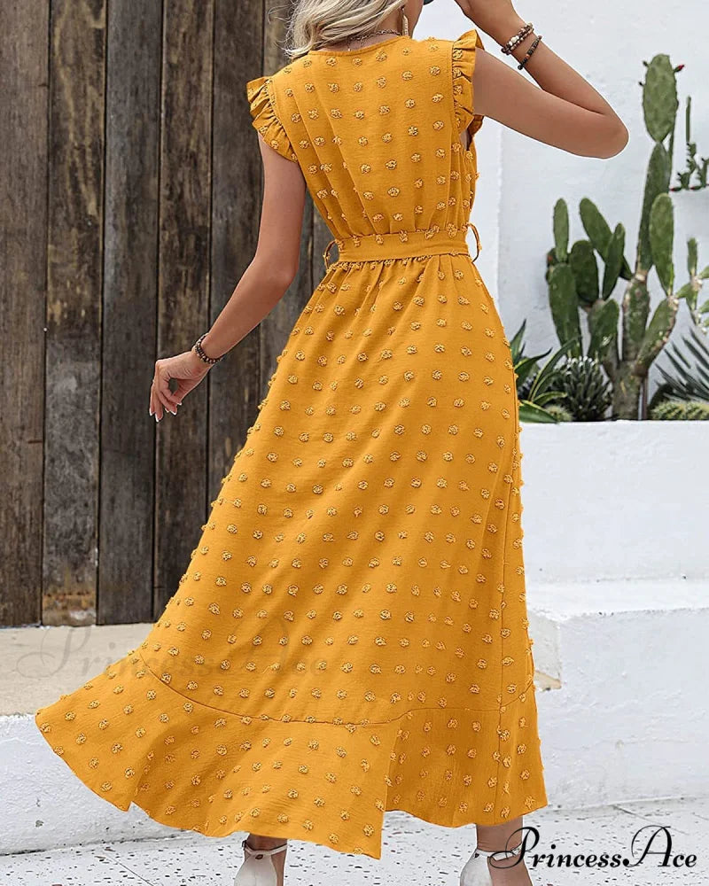 Swiss Dot Cap Sleeve Knot Front Dress in Yellow M / Pink