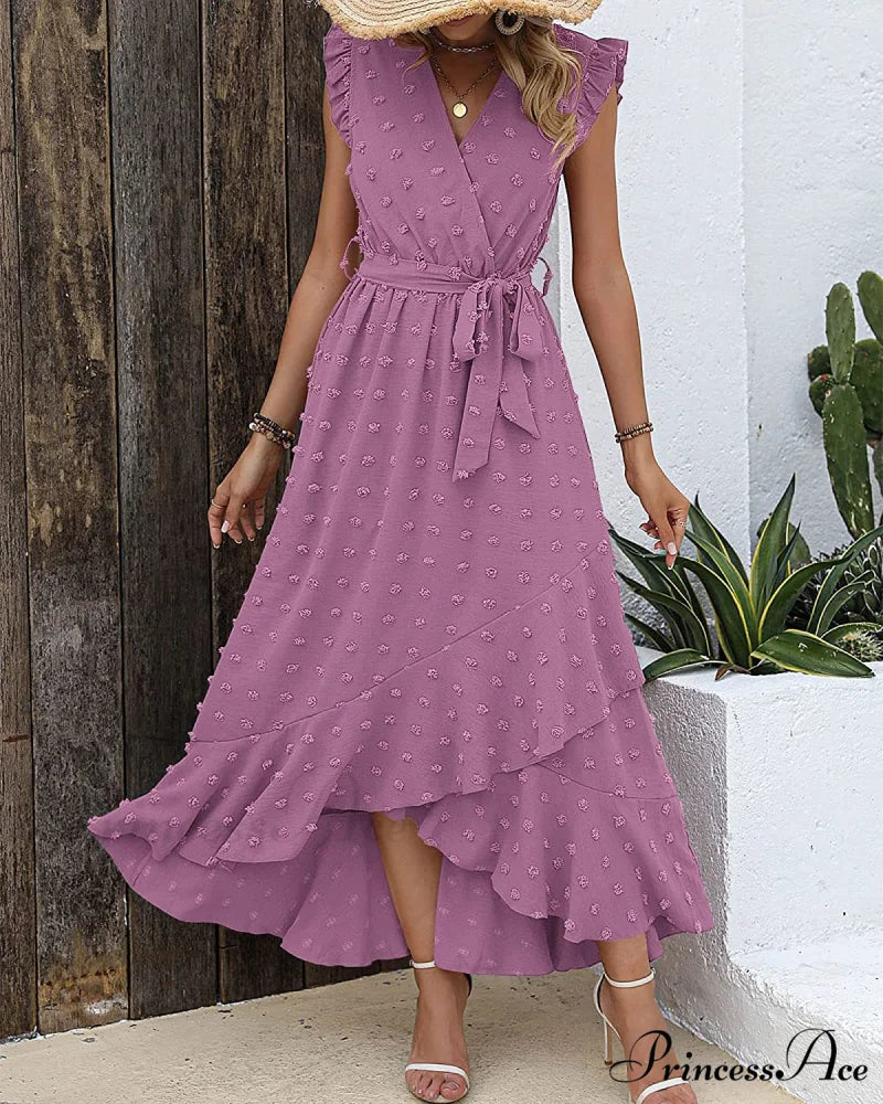 Swiss Dot Cap Sleeve Knot Front Dress in Yellow M / Purple
