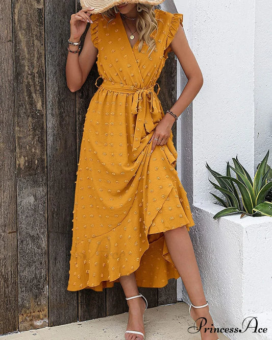 Swiss Dot Cap Sleeve Knot Front Dress in Yellow S / Green