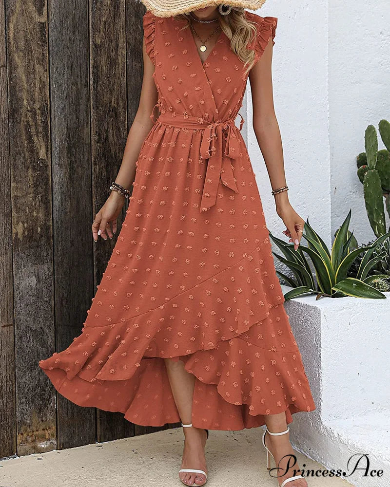 Swiss Dot Cap Sleeve Knot Front Dress in Yellow S / Pink