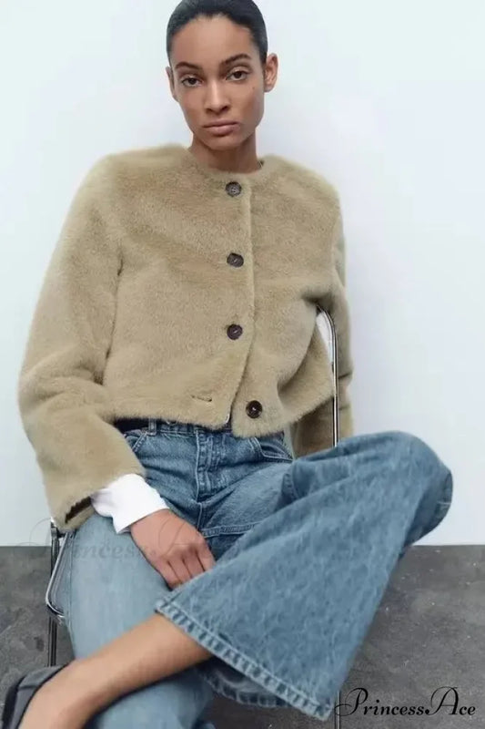 Synthetic Faux Brief Jacket Knitted Sweater Khaki / XS cardigans-241228