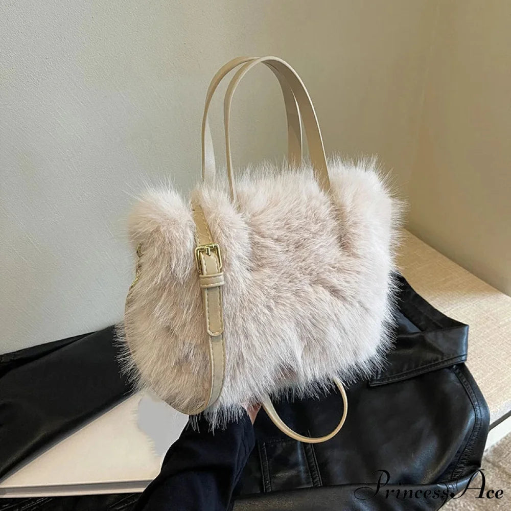 Synthetic Fur Soft Bucket Tote Winter Crossbody Shoulder Purse Beige handbag-250126