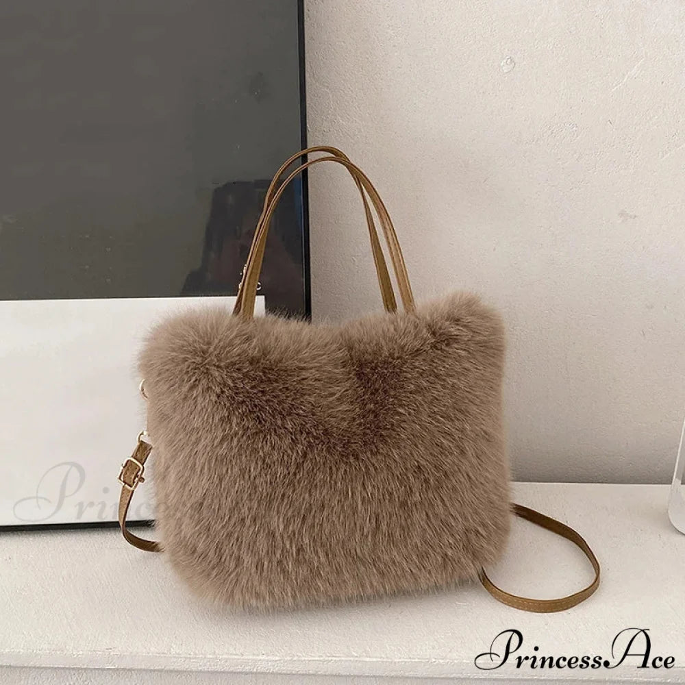 Synthetic Fur Soft Bucket Tote Winter Crossbody Shoulder Purse coffee handbag-250126