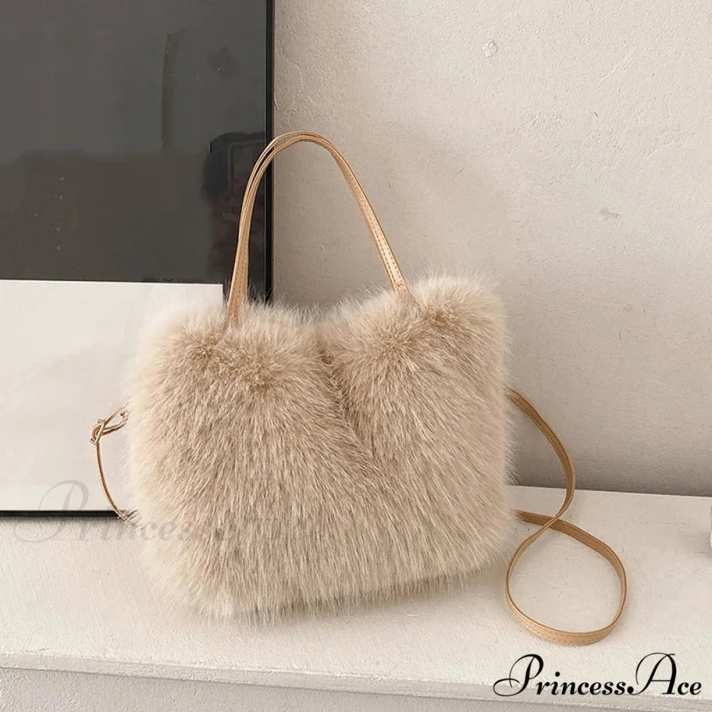 Synthetic Fur Soft Bucket Tote Winter Crossbody Shoulder Purse khaki handbag-250126