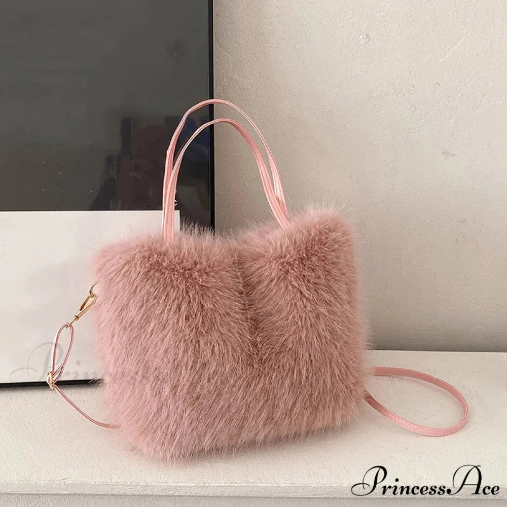 Synthetic Fur Soft Bucket Tote Winter Crossbody Shoulder Purse Pink handbag-250126