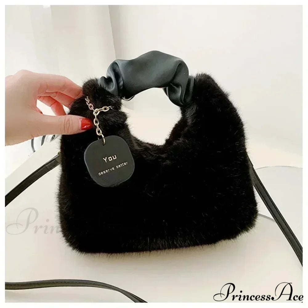 Synthetic Fur Soft Gathered Handle Crossbody Purse Black handbag-250126