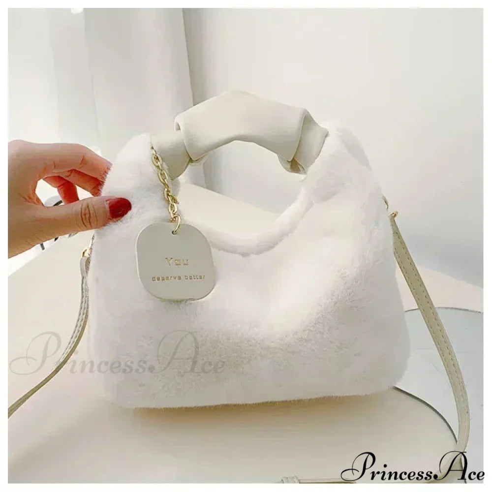 Synthetic Fur Soft Gathered Handle Crossbody Purse Creamy-white handbag-250126